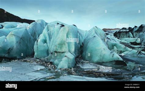 Drone shot of vatnajokull ice cap floating on nordic lake, forming beautiful arctic landscape ...