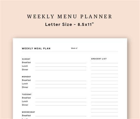 Weekly Menu Planner Printable Menu Plan Digital Download Meal Planning ...