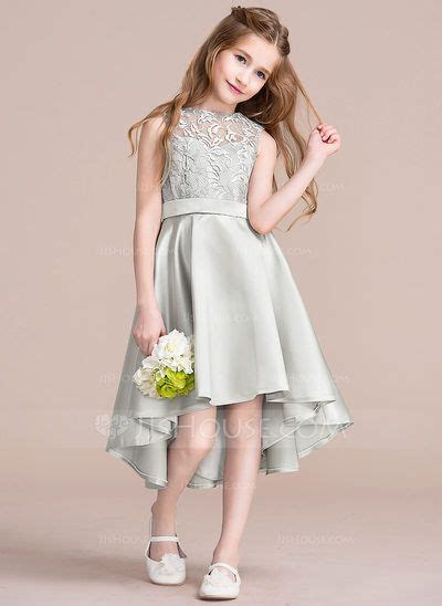 A Line Princess Scoop Neck Asymmetrical Satin Junior Bridesmaid Dress