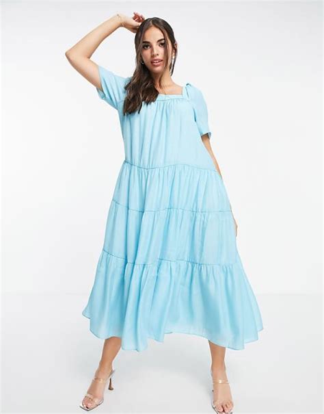 Forever New Tiered Volume Sleeve Smock Midi Dress In Bright Blue Asos