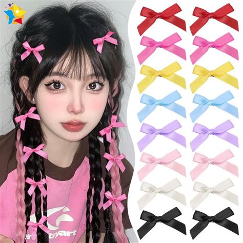 8pcs Y2k Mini Candy Color Bowknot Fabric Hair Clips Sweet Ballet Style Ribbon Bow Bangs Duckbill