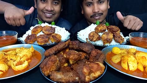 Asmr Eating Fried Chicken And Chicken Leg Piece Egg Curry Aloo Chop With Rice Chicken Eating