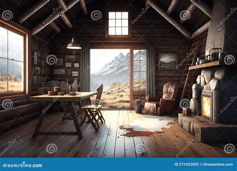 Rustic Wooden Mountain Cabin Interior Stock Illustration - Illustration ...