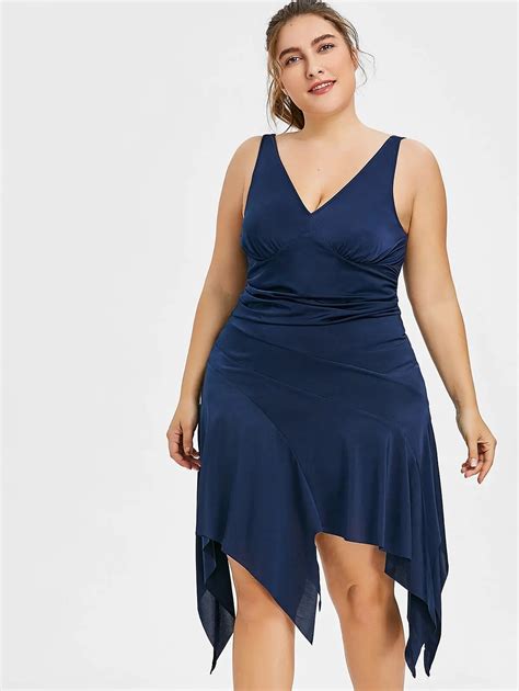 Wipalo Women Plus Size 5xl High Waist Asymmetric Dress Plunging Neck