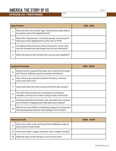 America The Story Of Us Heartland Video Worksheet Pdf Western