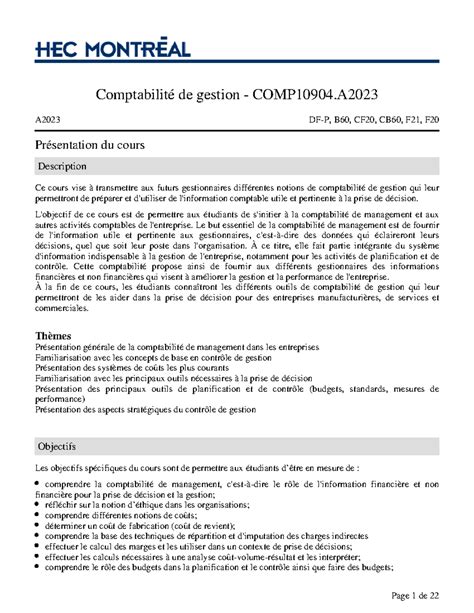 COMP10904 Comptabilité de Gestion - Feuille de route - A2023 DF-P, B60