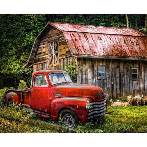 Truck At The Barn Digitally Printed Fabric Panel In Red Truck