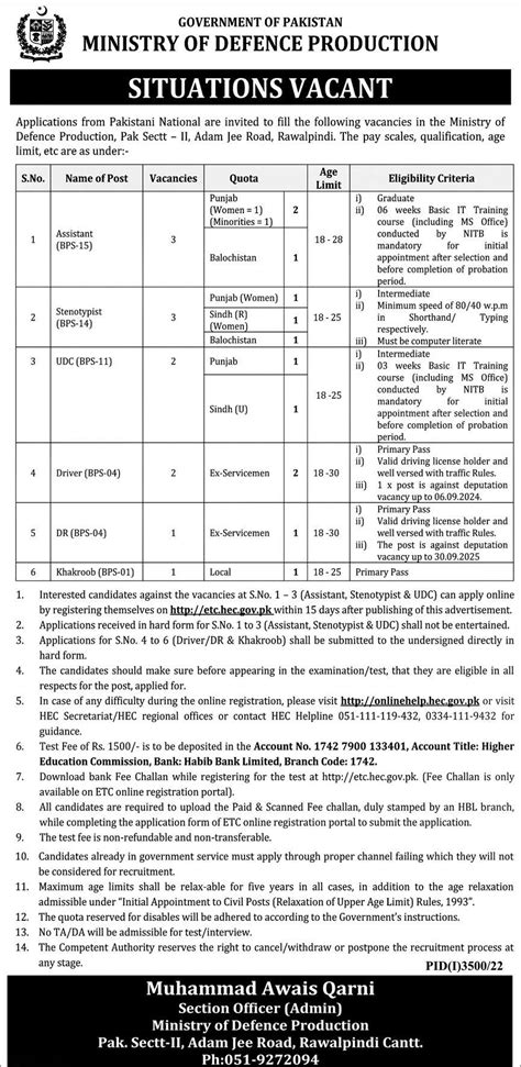 Ministry Of Defence Pakistan Jobs Online Apply Last Date