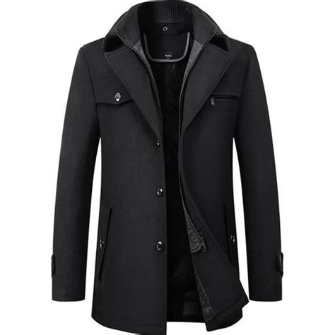 Manteau Homme Pardessus Laine Mi Long Caban Veste Chaud Noir Noir