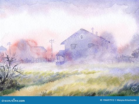 Foggy Morning In The Village Watercolor Landscape Stock Illustration