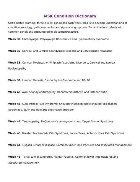 Condition Dictionary Msk Condition Dictionary Self Directed Learning