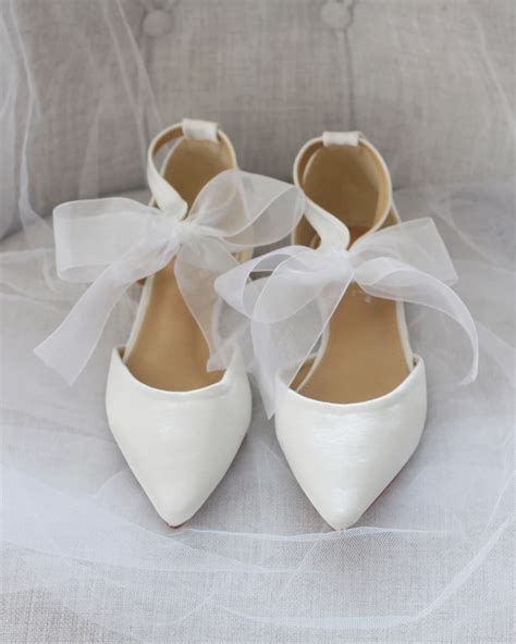 Ivory Satin Pointy Toe Flats With Chiffon Ribbon Tie Bride Shoes Wedding Shoes Bridal Shoes