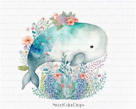 Baby Whale Watercolor Clipart PNG Cute Nursery Wall Art Cartoon Clipart ...