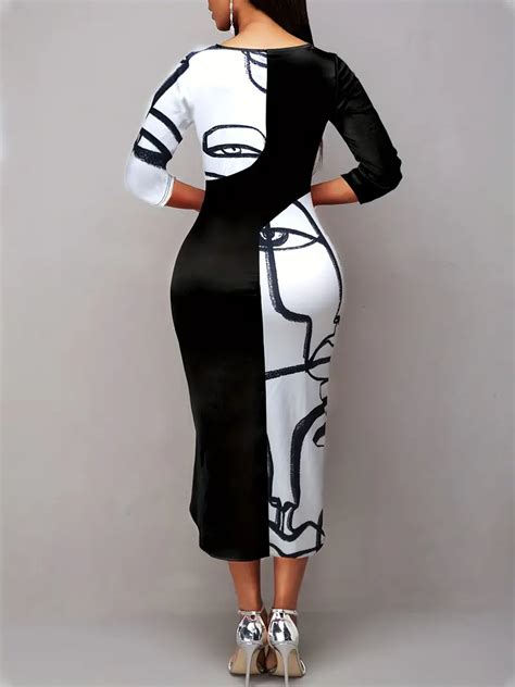 Abstract Face Print Dress Elegant 3 4 Sleeve Bodycon Midi Temu Australia