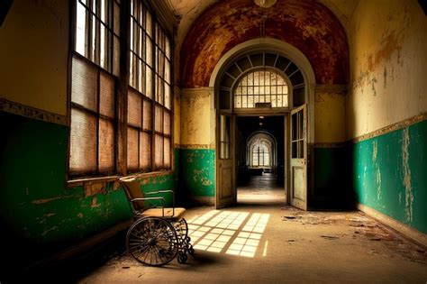 premium photo ruined building  wheelchair standing  corridor