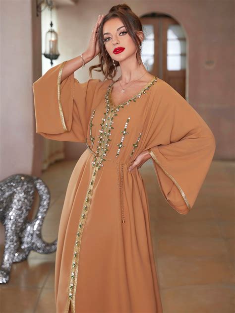 Rhinestone Embroidered Trim Slit Hem Belted Kaftan