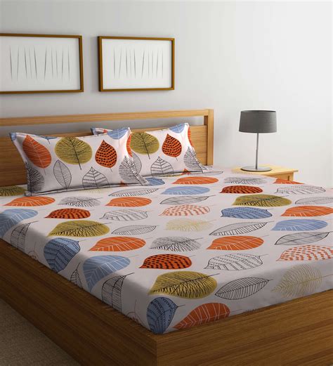 Buy Peach Floral 300 TC Cotton Blend Double Queen Bedsheet With 2