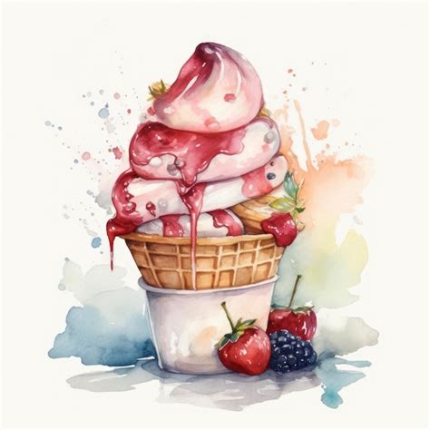 Premium AI Image A Watercolor Painting Of A Colorful Ice Cream Cone