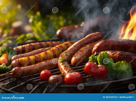 Grilled Sausages And Vegetables On A Flaming Bbq Grill Generative Ai