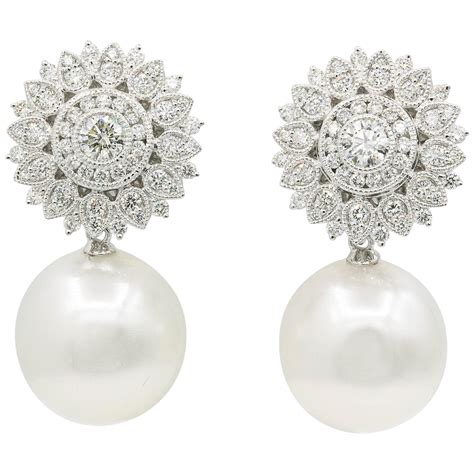 South Sea Baroque Pearl Diamond Drop Earrings 0 96 Carats 18K For Sale