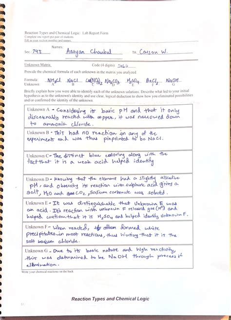 Lab Report Chem 103 Lab Reaction Types And Chemical Logic Lab