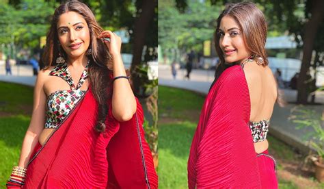 Surbhi Chandna Flaunts Her Red Hot Saree Look From The Sets Of Naagin