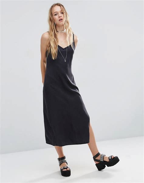 Asos Denim Midi Slip Dress In Washed Black With Side Split Washed