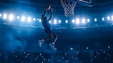 A Basketball Player Doing A Slam Dunk In An Arena Premium AI