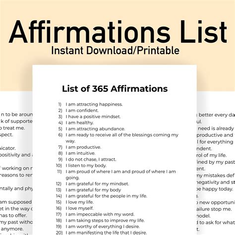 365 Affirmations Printable Quotes Daily Mantra Positivity Mindfulness