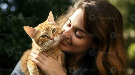 Young woman hugging her cat outside. Generative AI 33197276 Stock Photo ...