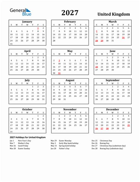 Free Printable 2027 United Kingdom Holiday Calendar