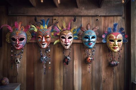 Premium AI Image | Mardi gras masks hanging on rustic wooden wall ...