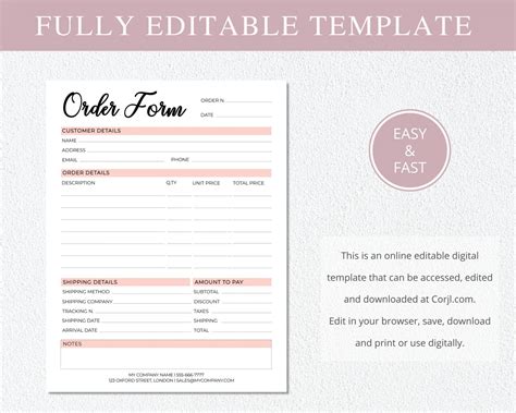 SunRayArt Designs Editable Order Form Template