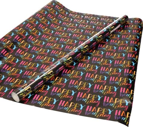 Rol Inpakpapier Cadeaupapier Zwart Met Gekleurde Happy Birthday Print