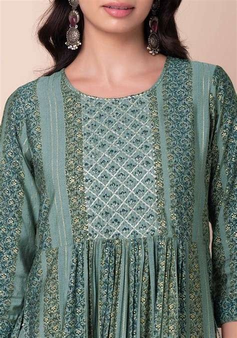 Buy Women Sage Green Abstract Print Muslin A Line Kurta And Pants Set