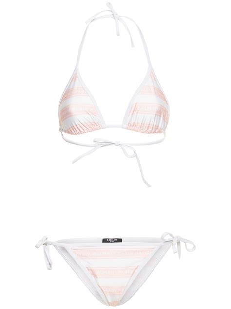 Balmain Logo Striped Triangle Bikini In Pink White Modesens