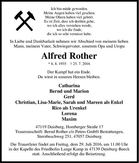 Traueranzeigen Von Alfred Rother Trauer In Nrw De