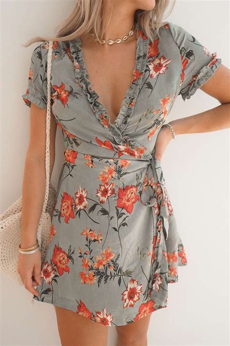 Fashion Influx Green Floral Tie Front Ruched Mini Dress In The Style