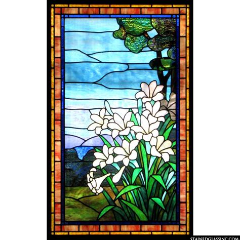 Lilies In Field With Trees And Hills Stained Glass Window