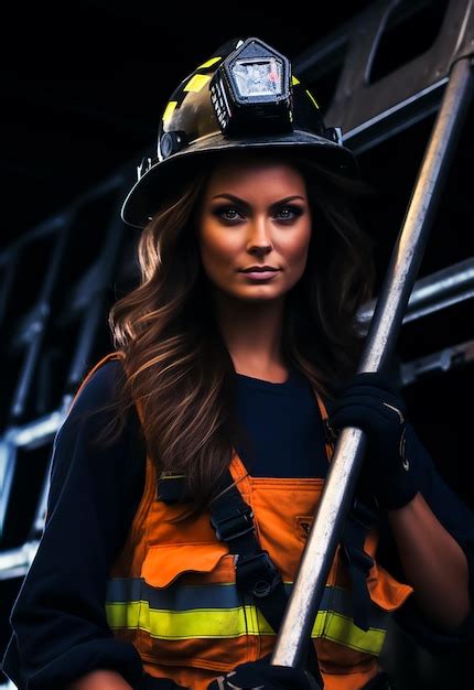 Premium Ai Image Fire Fighter Beautiful Girl Attractive Face Wearing Helmet And Full Suit