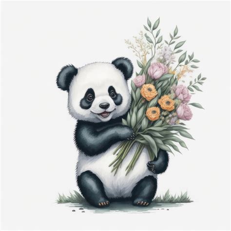 Um urso panda está segurando um buquê de flores Foto Premium