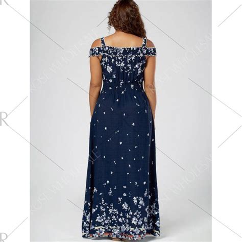 Plus Size Floral Print Cold Shoulder Maxi Dress Deep Blue 5xl Mobile