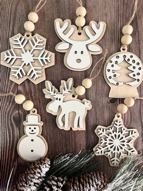 6 Piece Handmade Wooden Ornament Set, Wooden Ornaments, Winterland Ornament, Minimalist ...