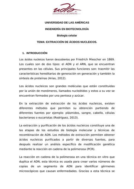 Extracci N De Cidos Nucleicos Informe De Laboratorio Ana Angulo Udocz