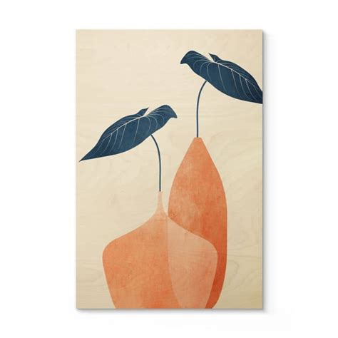 Tableau Sur Bois Feuilles De Monstera Dans Deux Vases Abricot