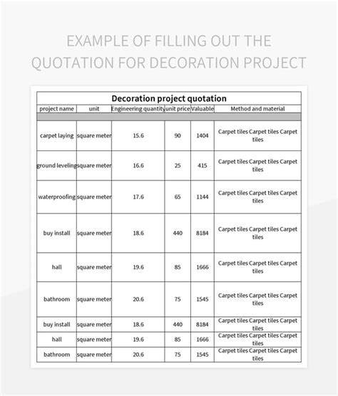 Example Of Filling Out The Quotation For Decoration Project Excel