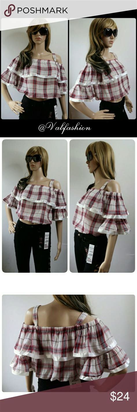 🆕🌹wine Plaid Ruffle Top 🌹 Ruffle Top Off Shoulder Ruffle Top