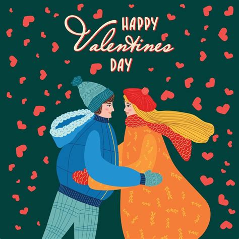 Flat Hand Drawn Valentines Day Greeting Card Loving Couple Of Young