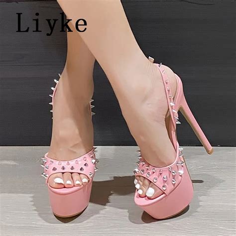 Liyke Brand Design Metal Rivet Open Toe Pink High Heels Platform