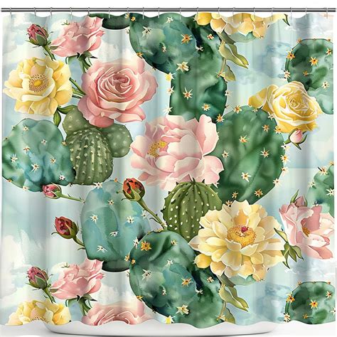 Shower Curtain Cactus And Flowers Pattern Pastel Green Cacti With Pink